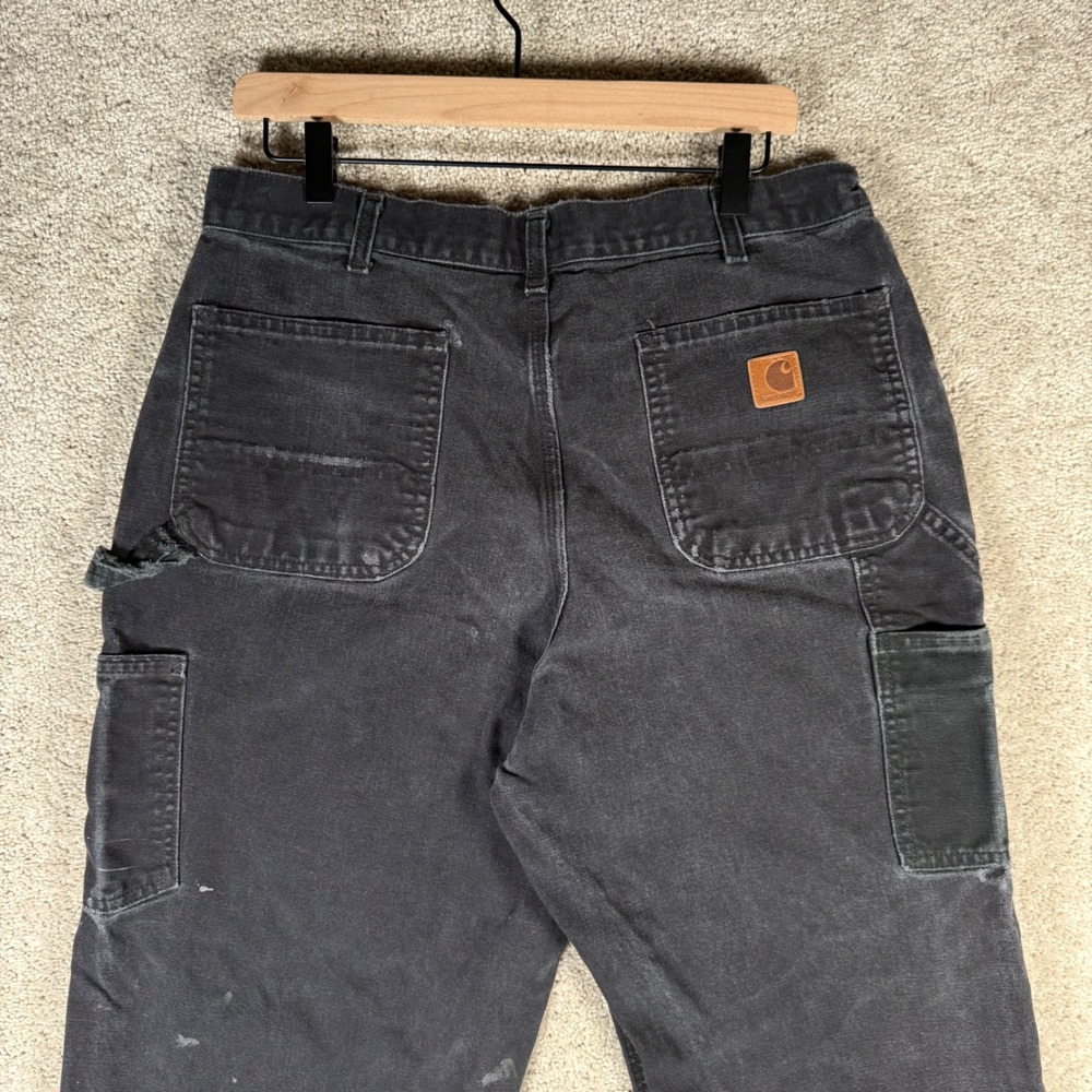 Carhartt Men's 35x34 Black Duck Canvas Carpenter Work‎ Pants Distressed B11 BLK